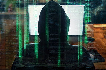 Image showing Hacker, man hoodie and computer screen for software hacking, coding or programming at night in digital overlay. Data code, html and programmer or hacker person from behind, cybersecurity and desktop