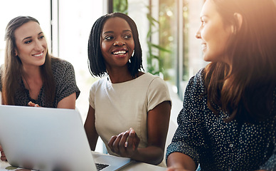 Image showing Business women, conversation and laptop data with planning and strategy in office. Training, communication and online chart with corporate tech and working on a teamwork project with diversity