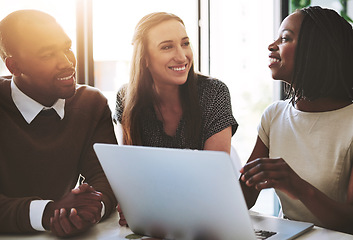 Image showing Business people, conversation and laptop with diversity and planning with strategy in office. Database administrator training, communication and online with management talk and working on project