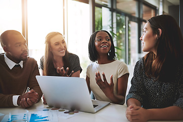 Image showing Business people, employee conversation and laptop data with planning and strategy in office. Training, communication and online with corporate paperwork and working on a teamwork with diversity