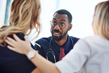 Image showing Care, couple and doctor with consultation, diagnosis and planning treatment with advice, conversation and help. Medical professional, partners and consultant with patients, healthcare and wellness