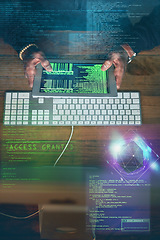 Image showing Hacking, man hands and tablet screen with gaming software, code access and password success in data overlay. Online hacker, cyber thief or coding person hacking on digital programming or computer app