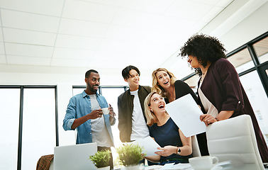 Image showing Teamwork, office and excited business people in meeting for collaboration, planning and success. Marketing agency, diversity and men and women happy with documents, sales report and proposal at desk