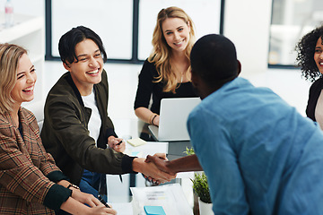 Image showing Teamwork, handshake and business people in meeting for collaboration, planning and thank you. Marketing agency, diversity and men and women shaking hands for success, agreement and deal in office