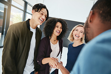 Image showing Partnership, handshake and happy business people in meeting for thank you, planning and collaboration. Diversity, teamwork and men and women shaking hands for welcome, agreement and deal success