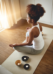 Image showing Calm woman, meditation and zen for yoga, spiritual wellness or healthy exercise at home. Female yogi relaxing or meditating on mat in mental wellbeing, mindfulness or awareness for health and fitness