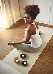 Image showing Calm woman, meditation and portrait in yoga for spiritual wellness or healthy exercise at home. Happy female yogi relaxing or meditating on mat with smile for mental wellbeing, health or awareness