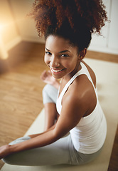 Image showing Happy woman, meditation and portrait in yoga for spiritual wellness or healthy exercise at home. African female yogi in meditate, fitness or calm zen workout meditating on mat with smile for health