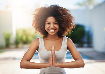 Image showing Happy woman, portrait and yoga in meditation for zen, spiritual wellness or healthy exercise outdoors. Calm African female yogi with smile in meditate for training, mind or body in health and fitness