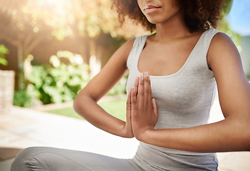 Image showing Woman, hands and yoga in meditation for health, spiritual wellness or zen workout and exercise on mat at home. Hand of calm female meditating for peace, mind and chakra for healthy fitness or balance