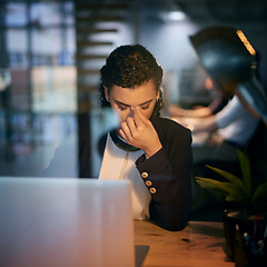 Image showing Stress, headache and burnout with a woman programmer working on a laptop in her office for design. Tired, 404 and deadline with a female employee working on system code for software development