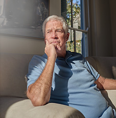 Image showing Lonely senior man thinking in home, couch and lounge about future anxiety, remember memory and alzheimer. Retirement, elderly male and nostalgia memories on sofa, depression and dementia in isolation