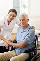 Image showing Portrait, nurse and disabled man in wheelchair, medical wellness and support in nursing home. Happy caregiver help disability patient, senior healthcare and smile for empathy in rehabilitation clinic