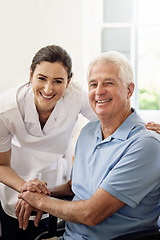 Image showing Portrait, nurse and man in wheelchair with a disability, medical wellness and support in nursing home. Happy caregiver caring for senior patient with chronic health condition in rehabilitation clinic