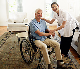 Image showing Nursing home, portrait and disabled man in wheelchair, medical wellness and support of nurse. Happy caregiver help disability patient, senior healthcare and smile for empathy in rehabilitation clinic