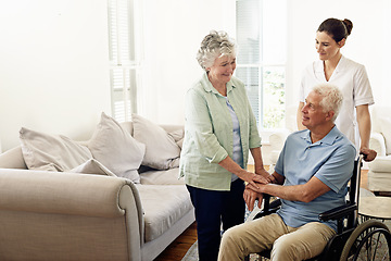 Image showing Volunteer, help and old couple with wheelchair, caregiver at nursing home for person with a disability and rehabilitation. Healthcare, clinic and senior patient with nurse together retirement service