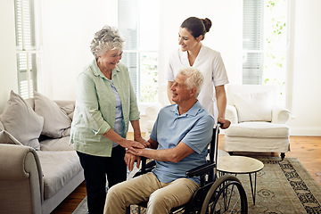 Image showing Smile, old man in wheelchair with wife and nurse at nursing home for disability help and rehabilitation. Healthcare, disability and happy senior couple with caregiver in living room for elderly care.