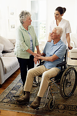 Image showing Support, old man in wheelchair with wife and nurse at nursing home for help with disability and rehabilitation. Healthcare, disability and senior couple with caregiver in living room for elderly care