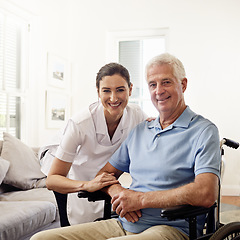Image showing Portrait, caregiver and senior man in wheelchair for medical disability, wellness or support in nursing home. Happy nurse helping disabled patient, elderly and healthcare empathy for rehabilitation