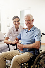 Image showing Portrait, nurse and man with disability in wheelchair for medical trust, wellness and support in nursing home. Happy caregiver helping senior patient with chronic health condition in rehabilitation