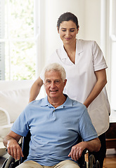 Image showing Nurse helping man with disability in wheelchair for medical trust, wellness and support in nursing home. Caregiver, senior patient and therapy service for healthcare, rehabilitation and therapist