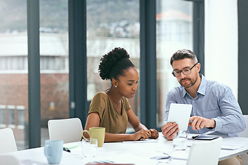 Image showing Teamwork, ideas and employees with a tablet, brainstorming and online reading with social media. Staff, black woman or man with technology, email and meeting with collaboration, talking or innovation