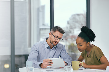 Image showing Connection, black woman and man with a tablet, planning and online reading with email, social media and brainstorming. Staff, employees and coworkers with technology, teamwork and share ideas online