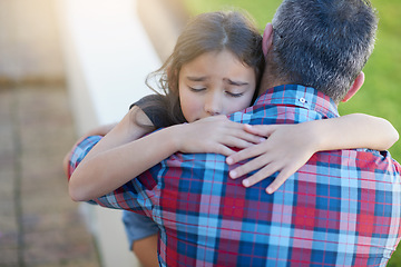 Image showing Hug, father and girl with love, sympathy and comfort with grief, loss and depression with pain. Family, female child or male parent with kid, daughter or dad embrace, sad or care with anxiety or fear