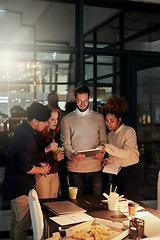 Image showing Night business, young people and tablet technology of planning, research or collaboration in dark office. Diversity, digital ideas and working late online in designer agency, teamwork or productivity