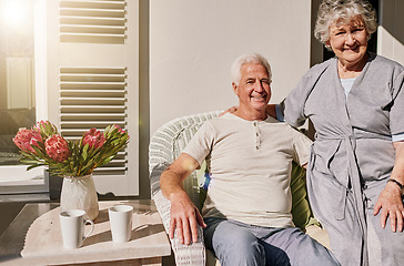 Image showing Morning, patio and portrait of senior couple enjoying bonding, quality time and relax on deck. Love, retirement home and happy elderly man and woman smile together for happiness, romance and marriage