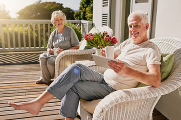 Image showing Morning, patio and portrait of senior couple with coffee enjoying bonding, quality time and relax on deck. Love, retirement and elderly man and woman smile with drink for breakfast outdoors at home