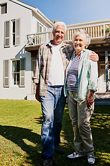 Image showing Senior couple, new home and hug on grass or outdoors celebrating property or mortgage together. Elderly, partners and outside house or moving in real estate or security for retired homeowners