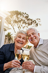 Image showing Love, cheers and wine, portrait old couple celebrate romantic anniversary date on patio of vacation home. Champagne, senior man and happy woman with toast, happiness and romance on holiday with smile