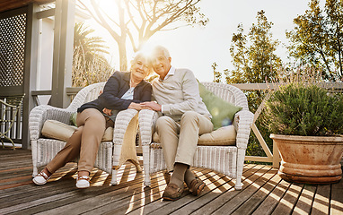 Image showing Love, patio and portrait of senior couple with sunrise enjoying bonding, quality time and relax in morning. Marriage, retirement home and elderly man and woman smile with drink for breakfast on deck