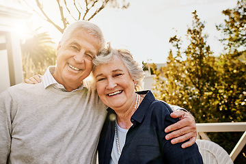 Image showing Hug, outdoor and portrait of senior couple enjoying bonding, quality time and relax in morning. Love, retirement home and face of elderly man and woman on patio for marriage, trust and happiness