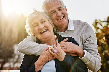 Image showing Happy, love and portrait of senior couple enjoying bonding, quality time and relax in morning. Nature, retirement and elderly man and woman smile outdoors for marriage, trust and happiness at sunrise