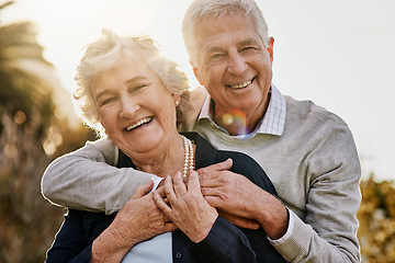 Image showing Hug, nature and portrait of senior couple enjoying bonding, faces and relax in morning. Love, retirement and elderly man and woman smile outdoors for marriage, trust and happiness at sunrise