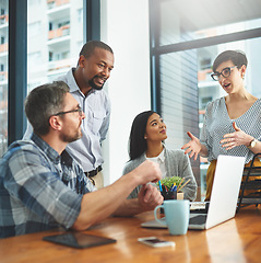 Image showing Teamwork, laptop and idea with business people in meeting for project management, review or planning. Technology, website and training with group of employees in office for collaboration and coaching