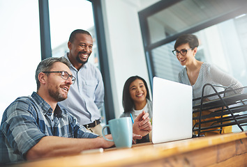 Image showing Teamwork, laptop and training with business people in meeting for project management, review or planning. Technology, website and coaching with group of employees in office for collaboration and idea