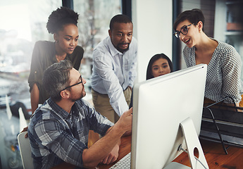 Image showing Teamwork, computer and coaching with business people in meeting for project management, review or planning. Technology, website and training with employees in office for collaboration and idea