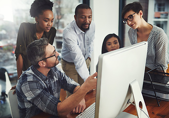 Image showing Teamwork, computer and pointing with business people in meeting for project management, review or planning. Technology, website and training with employees in office for collaboration and idea