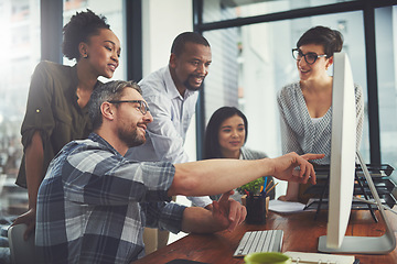 Image showing Teamwork, computer and strategy with business people in meeting for project management, review or planning. Technology, website and training with employees in office for collaboration and idea