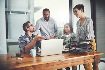 Image showing Planning, laptop and coaching with business people in meeting for project management, review or teamwork. Technology, website and training with group of employees in office for collaboration and idea