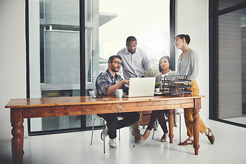 Image showing Mentor, laptop and coaching with business people in meeting for project management, review or planning. Technology, website and training with group of employees in office for collaboration and idea