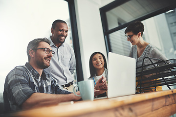 Image showing Review, laptop and planning with business people in meeting for project management, teamwork or coaching. Technology, website and training with group of employees in office for collaboration and idea