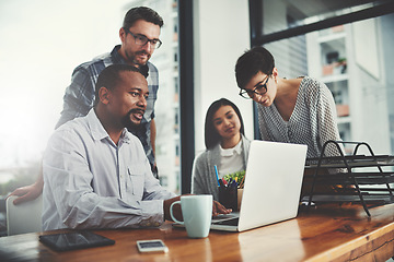 Image showing Teamwork, laptop and research with business people in meeting for project management, review or planning. Technology, website and training with group of employees in office for collaboration and idea