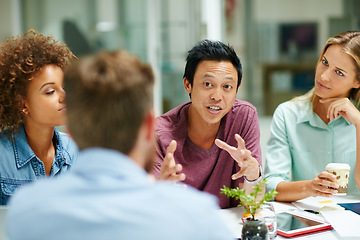 Image showing Talking, business and employees planning, teamwork and partnership for development, growth and new project. Male person, manager or leader with staff, brainstorming and collaboration in the workplace