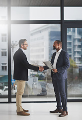 Image showing Business men, shaking hands and welcome for partnership, agreement and team building with diversity. Businessman, partner and contract with respect, hr onboarding or b2b collaboration for teamwork