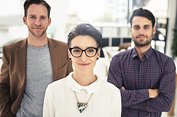 Image showing Portrait, collaboration and leadership with a business woman and her team standing in the office together. Management, leader or teamwork with a group of businesspeople looking confident about vision