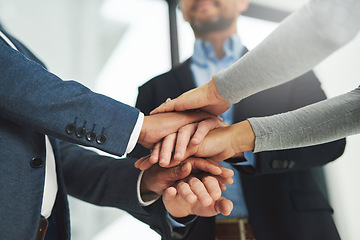 Image showing Business people, hands stack and teamwork with motivation, collaboration and support for goals in workplace. Men, women and team building with solidarity for growth, staff and trust with diversity